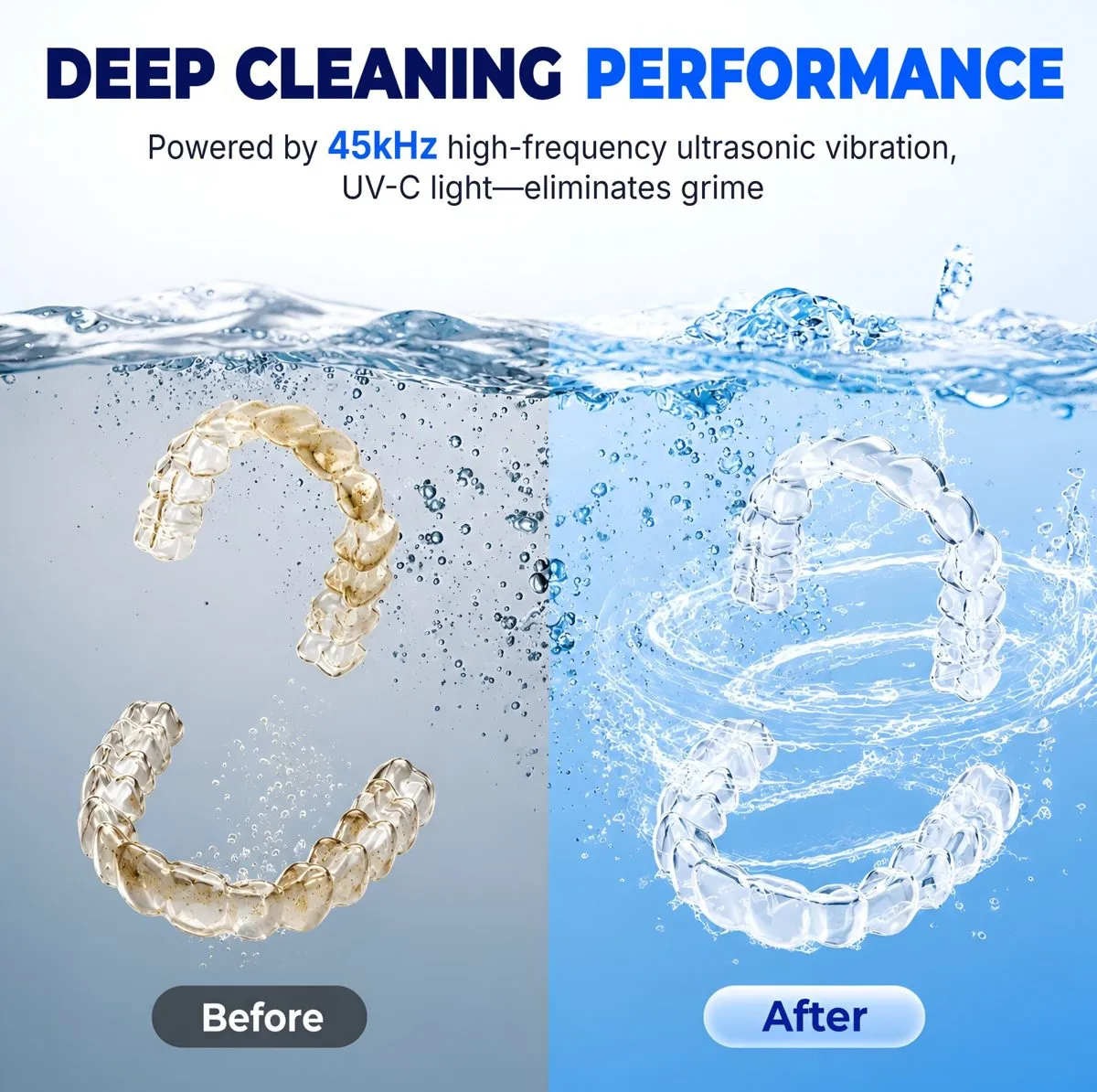 Aligners before cleaning, yellowed, and after, clear
