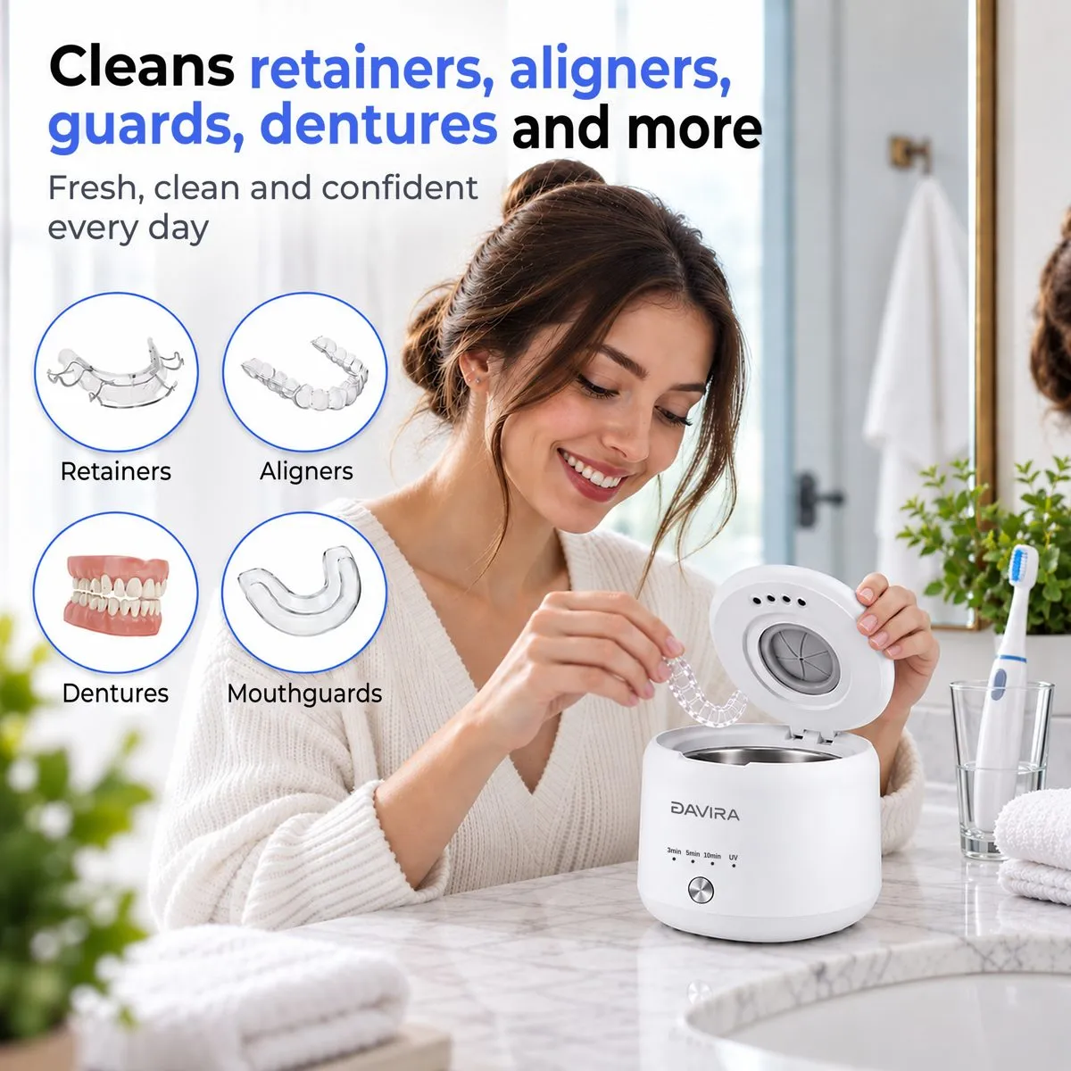 Woman placing her aligner into the DAVIRA cleaner at a bathroom counter