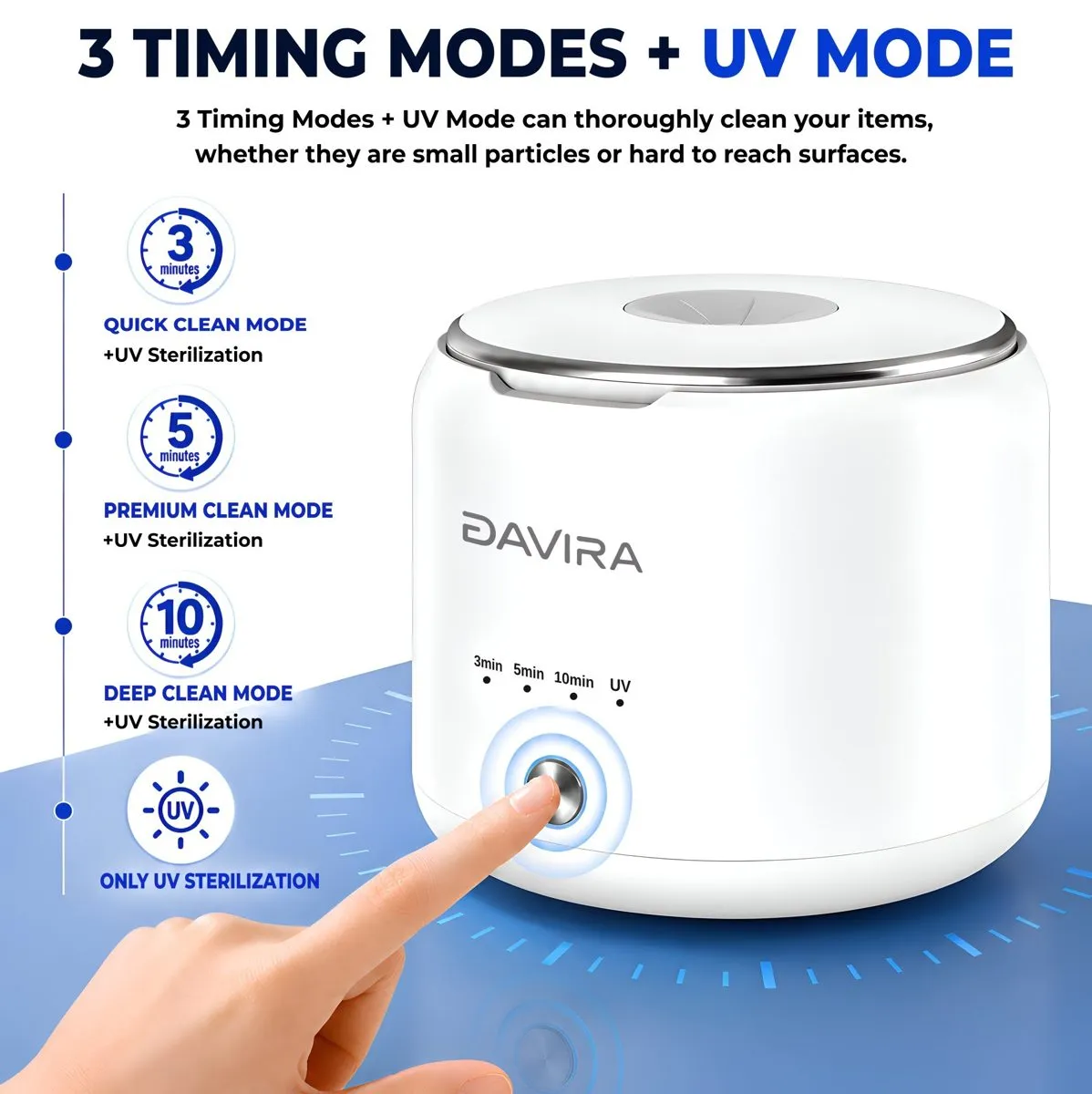 Finger pressing the single button with 3, 5, 10 minute and UV indicators